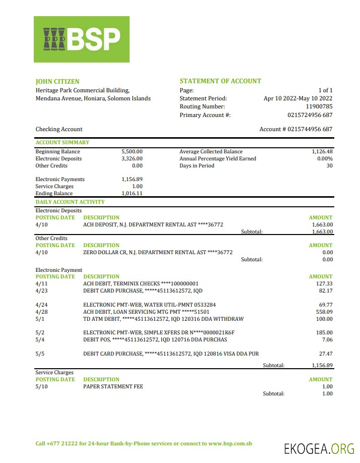 Relevé bancaire BSP des Îles Salomon xls